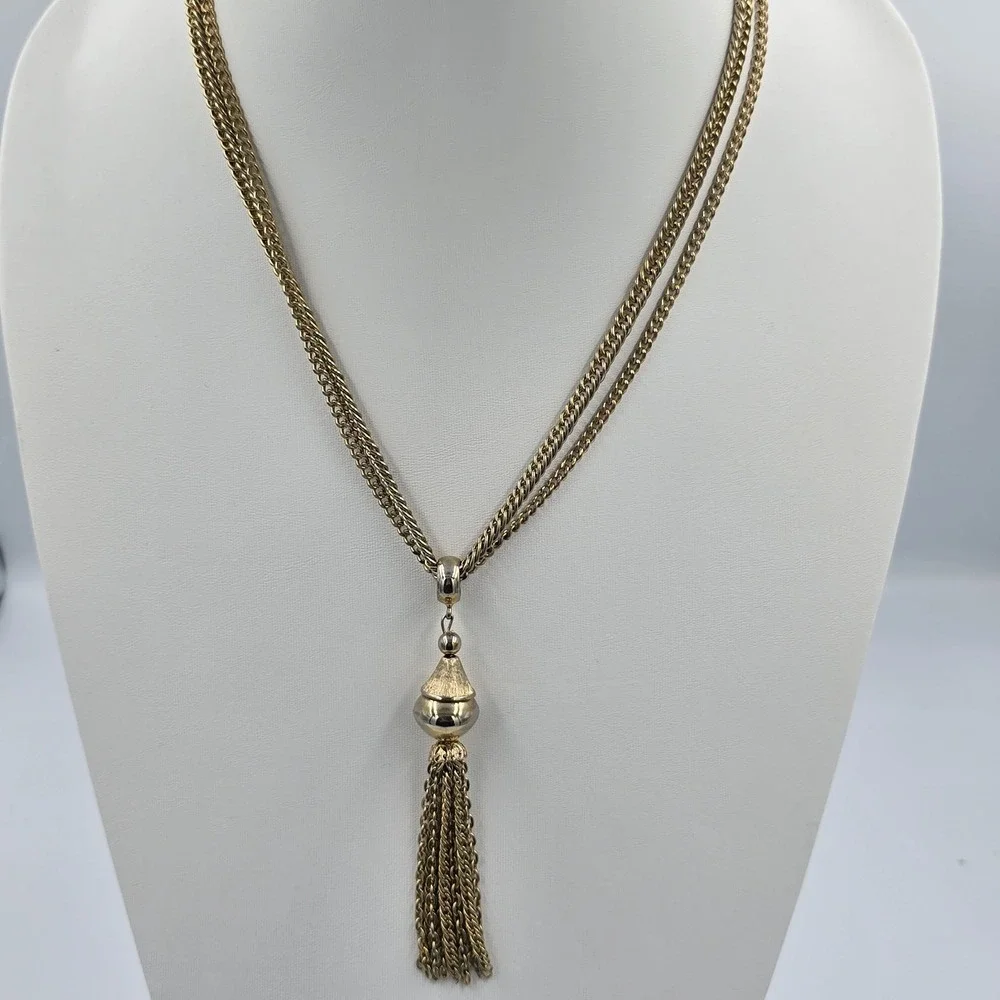 Vintage Tassel Double Chain Necklace Layered Two Tone 20